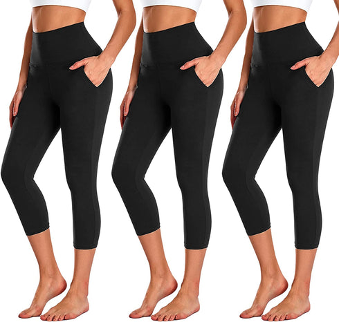 3 Pack Capri Leggings for Women with Pockets-High Waisted Tummy Control Workout Gym Yoga Pants Black